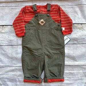 NWT Hartstrings Green Orange Bear Overalls Striped Waffle Knit Top Boy’s 18M